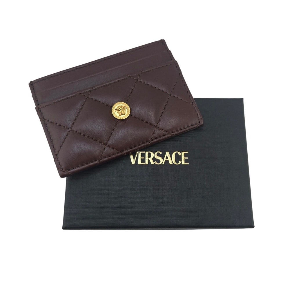 Versace Quilted Leather Card Holder Chocolate MedusaGold Tone Made in Italy